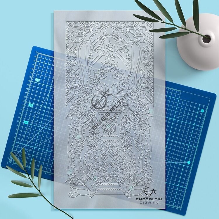 Şablon Desen 20x40 cm. - Bitkisel Vazo Motifli Çini Karo Deseni