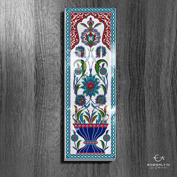 Şablon Desen 20 x 60 cm. - Bitkisel Hatayi Vazo Motifli Çini Karo Deseni