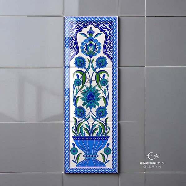 Şablon Desen 20 x 60 cm. - Bitkisel Hatayi Vazo Motifli Çini Karo Deseni