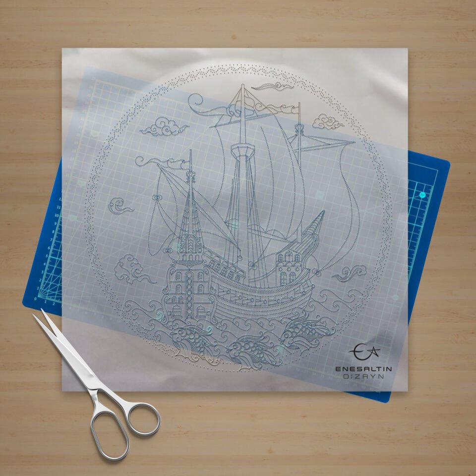 Şablon Desen 30 cm. - Kalyon ve Balık Motifli Çini Tabak Deseni