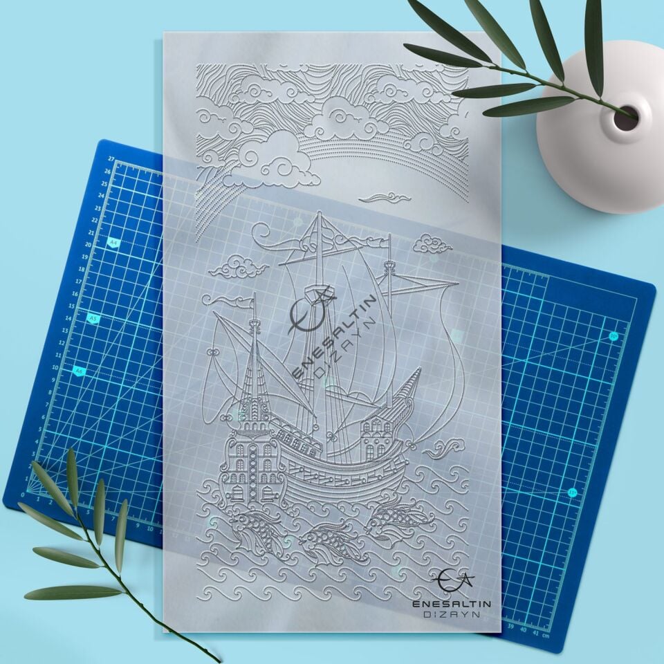 Şablon Desen 20x40 cm. - Kalyon ve Balık Motifli Çini Karo Deseni