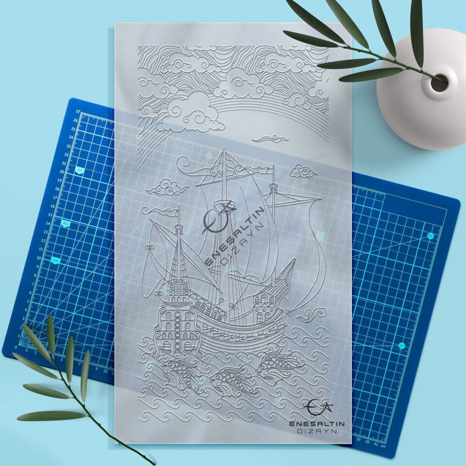 Şablon Desen 20x40 cm. - Kalyon ve Balık Motifli Çini Karo Deseni