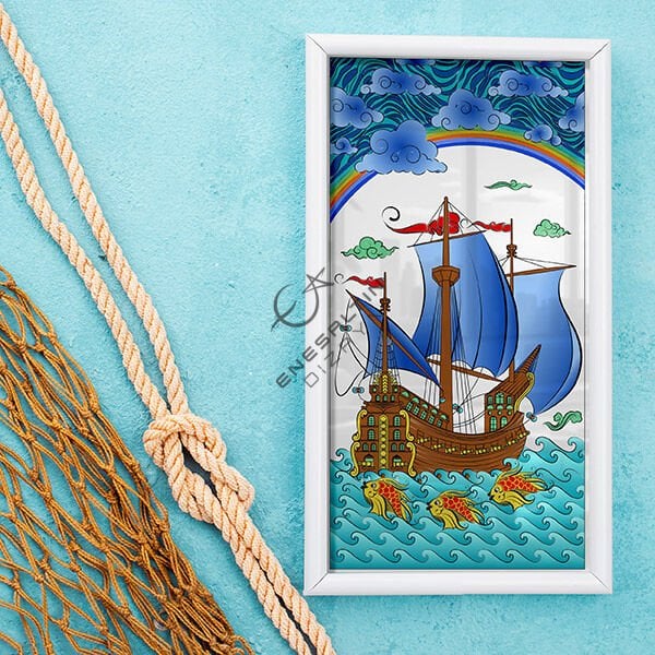 Şablon Desen 20x40 cm. - Kalyon ve Balık Motifli Çini Karo Deseni