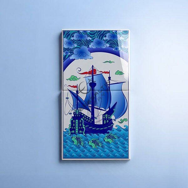Stencil Pattern 20x40 cm. - Galleon and Fish Motif Ceramic Tile Design