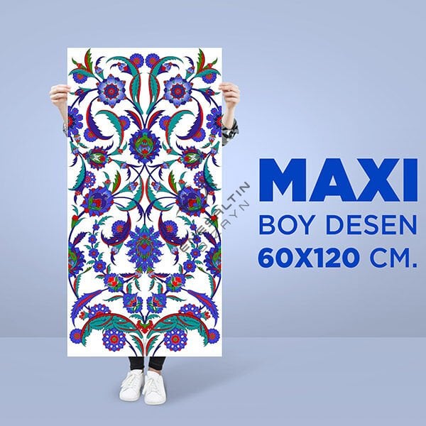 Şablon Desen 60x120 cm. MAXI BOY -  Hatayi ve Hançer Yaprak Motifli Çini Karo Deseni