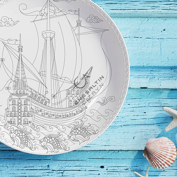 Şablon Desen 20 cm. - Kalyon ve Balık Motifli Çini Tabak Deseni