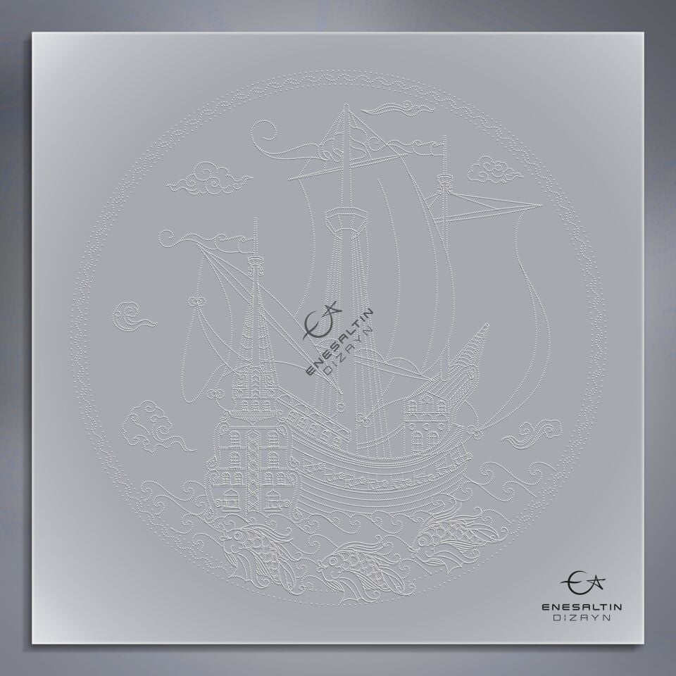 Şablon Desen 20 cm. - Kalyon ve Balık Motifli Çini Tabak Deseni