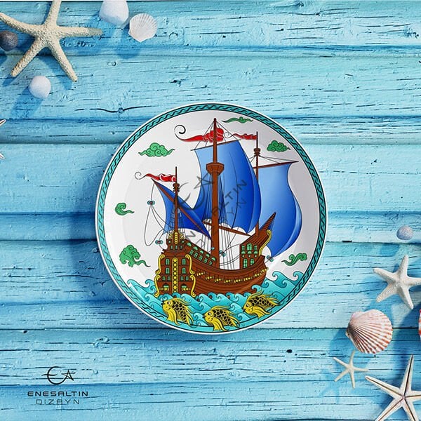 Şablon Desen 20 cm. - Kalyon ve Balık Motifli Çini Tabak Deseni