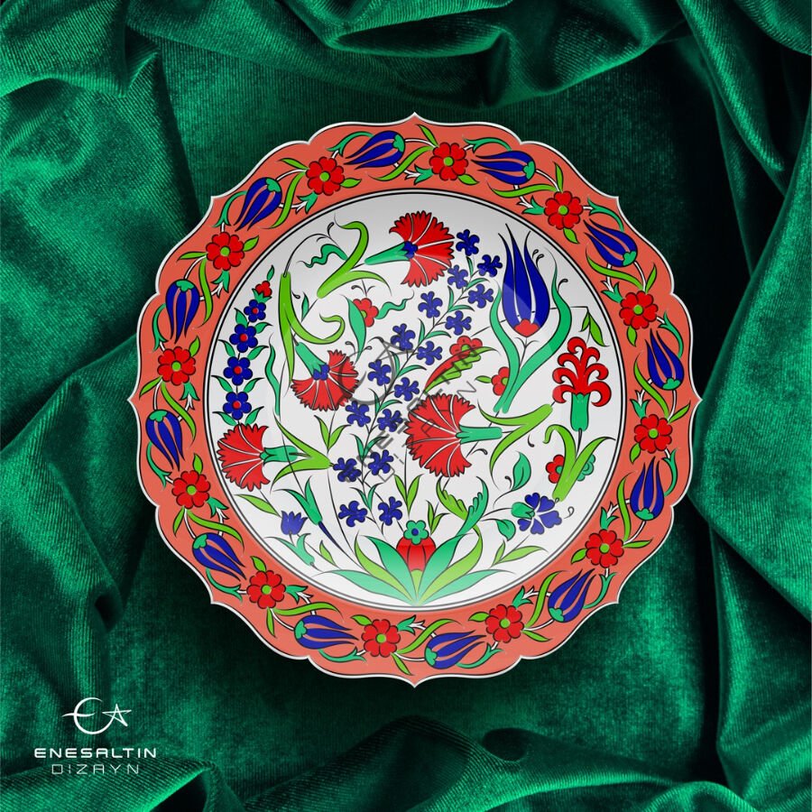 Şablon Desen 30 cm. - Karanfil Sümbül Motifli Çini Tabak Deseni