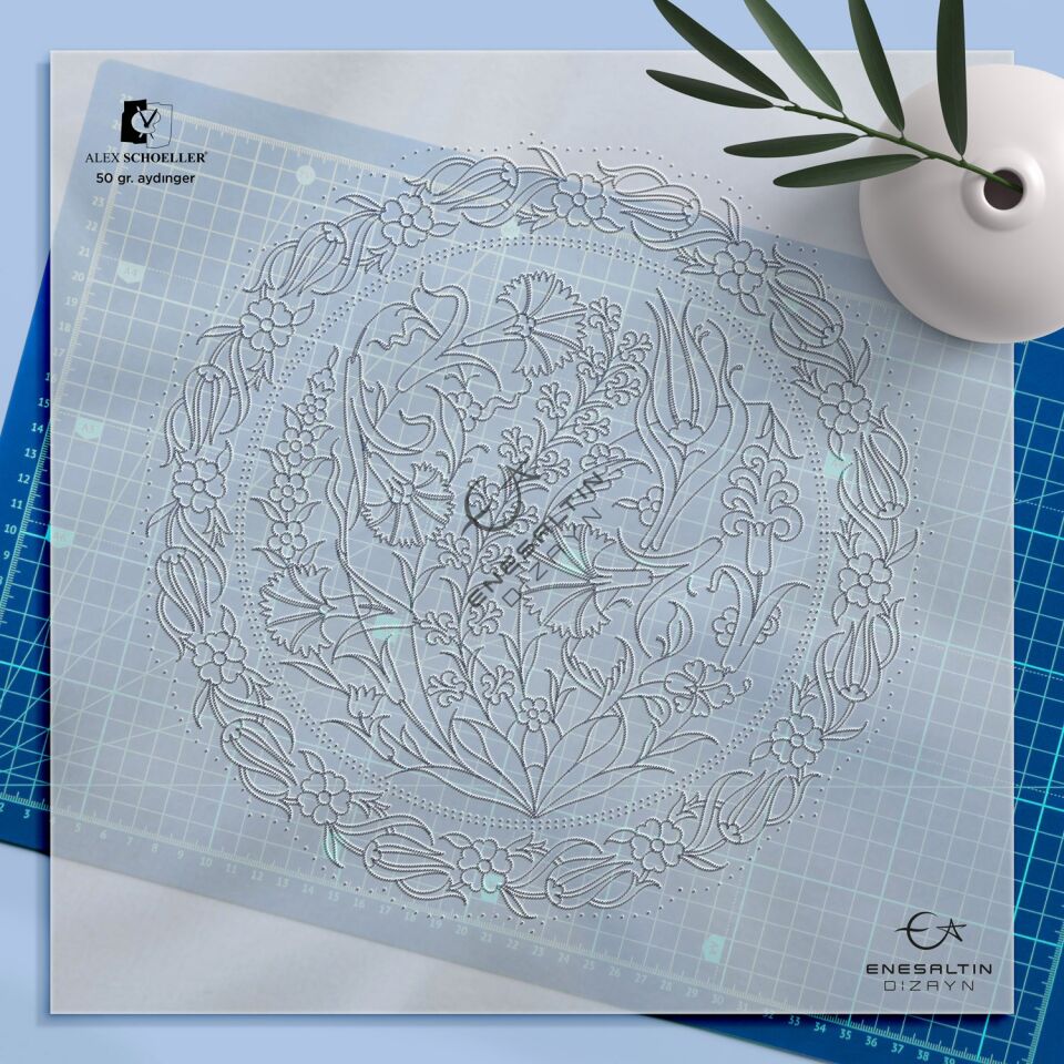 Şablon Desen 30 cm. - Karanfil Sümbül Motifli Çini Tabak Deseni