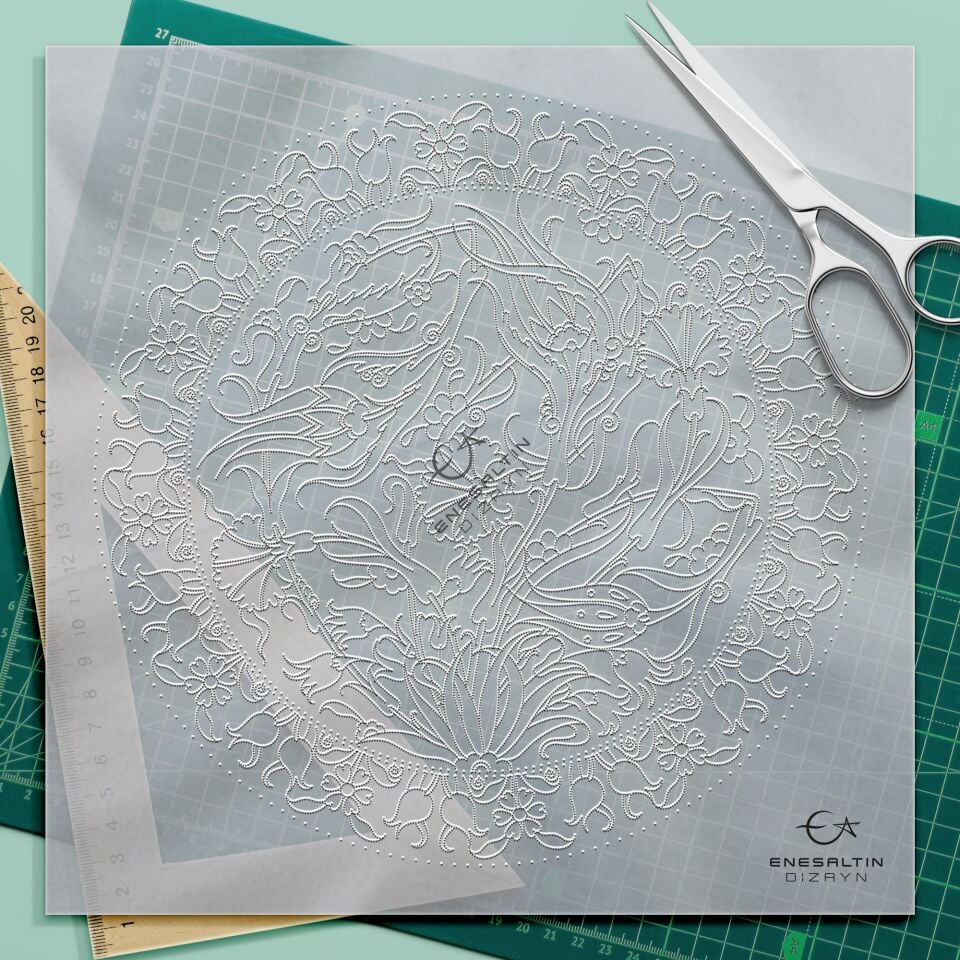 Şablon Desen 30 cm. - Kırık Lale ve Karanfil Motifli Çini Tabak Deseni