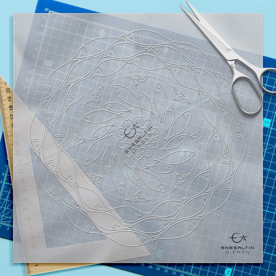 Stencil Pattern 30 cm. - Fish School Motif Ceramic Plate Design