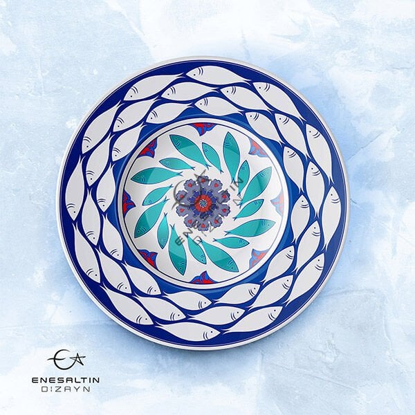 Şablon Desen 30 cm. - Balık Sürüsü Motifli Çini Tabak Deseni