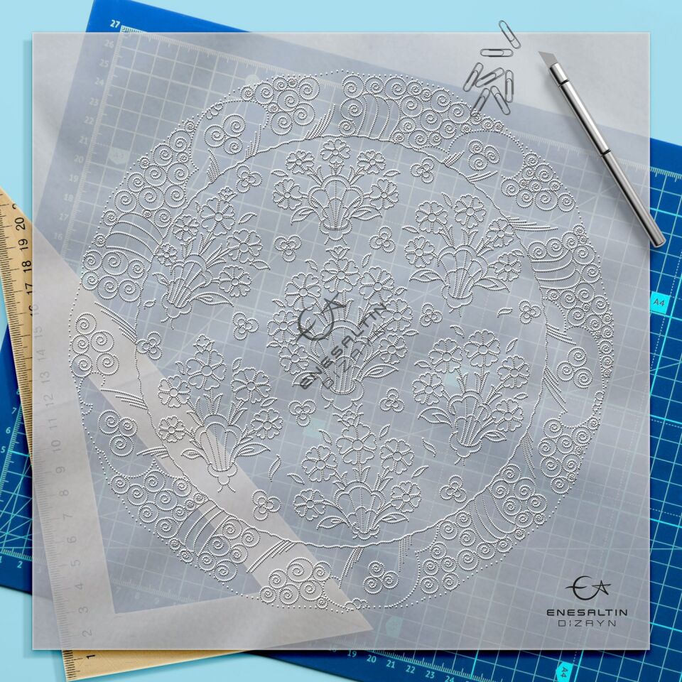 Şablon Desen 30 cm. - Penç Buketi Motifli İznik Çini Deseni