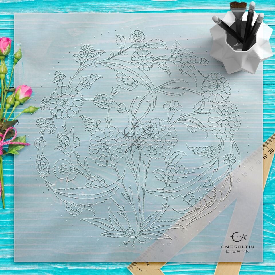 Şablon Desen 30 cm. - Hançer Yaprak Bitkisel Motifli İznik Çini Deseni