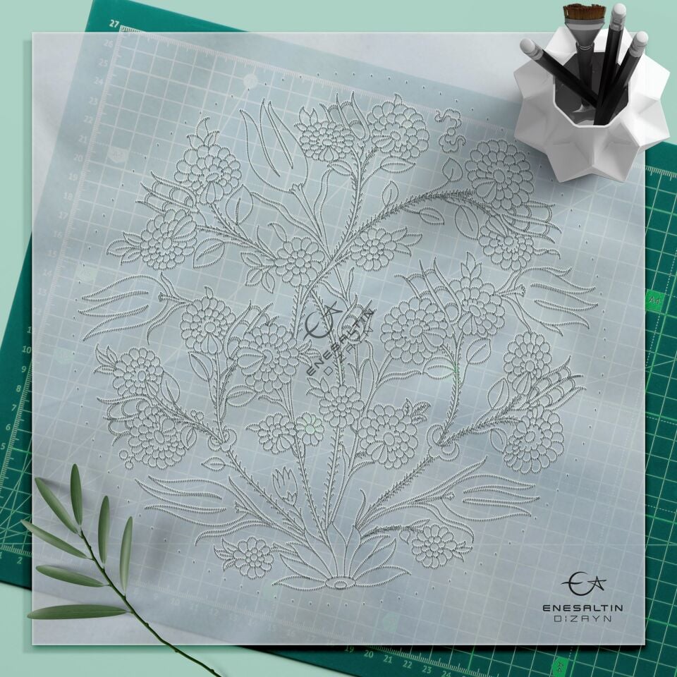 Şablon Desen 30 cm. - Lale Gül Bitkisel Motifli İznik Çini Deseni