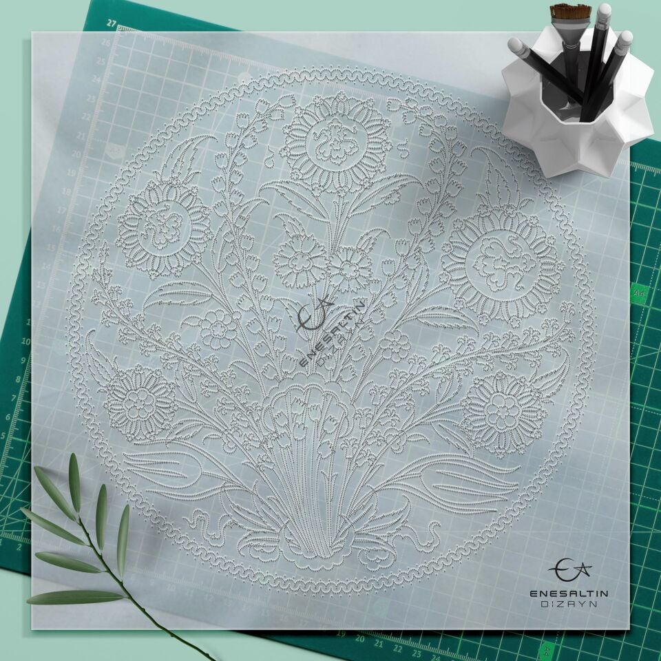 Şablon Desen 30 cm. - Sümbül ve Diken Bitkisel Motifli İznik Çini Deseni