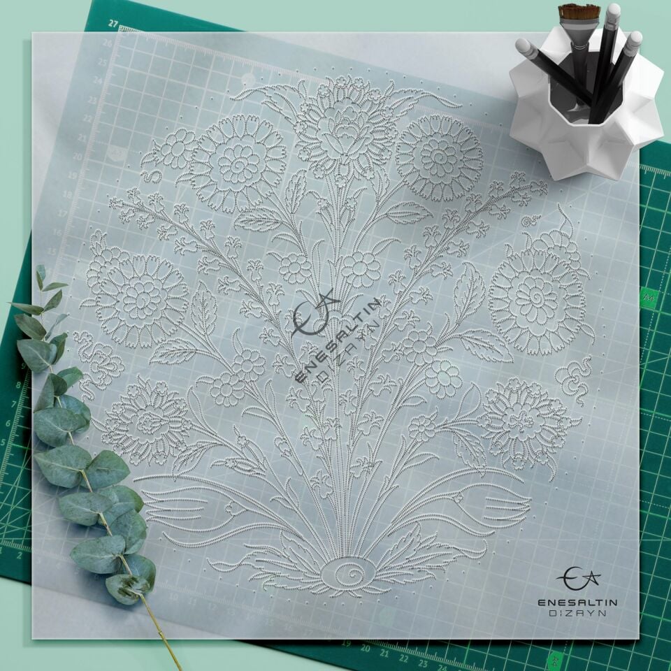 Şablon Desen 30 cm. - Sümbül ve Bitkisel Motifli İznik Çini Deseni