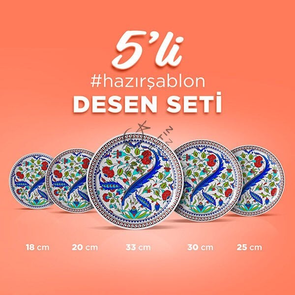 Hazır Şablon 5'li Desen Seti - Bitkisel Motifli Klasik Çini Deseni