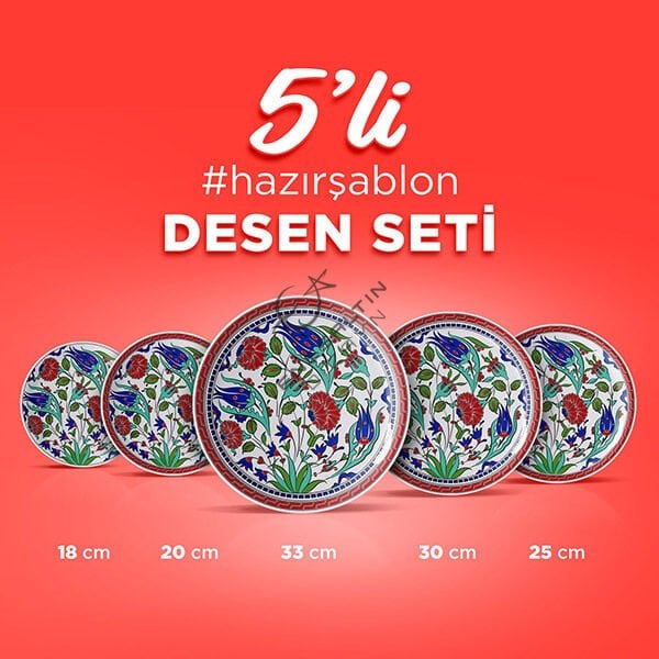 Hazır Şablon 5'li Desen Seti - Lale Gül Bitkisel Motifli Çini Deseni