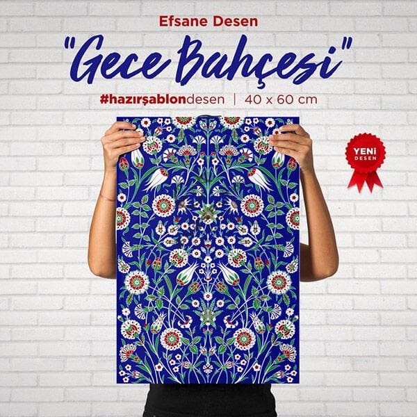 Şablon Desen 40x60 cm. BÜYÜK BOY -  Gece Bahçesi Motifli Çini Karo / Tabak Deseni