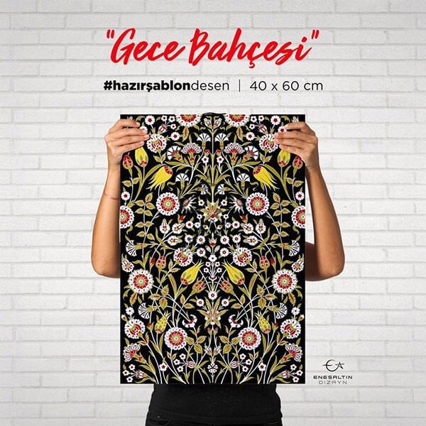 Şablon Desen 40x60 cm. BÜYÜK BOY -  Gece Bahçesi Motifli Çini Karo / Tabak Deseni