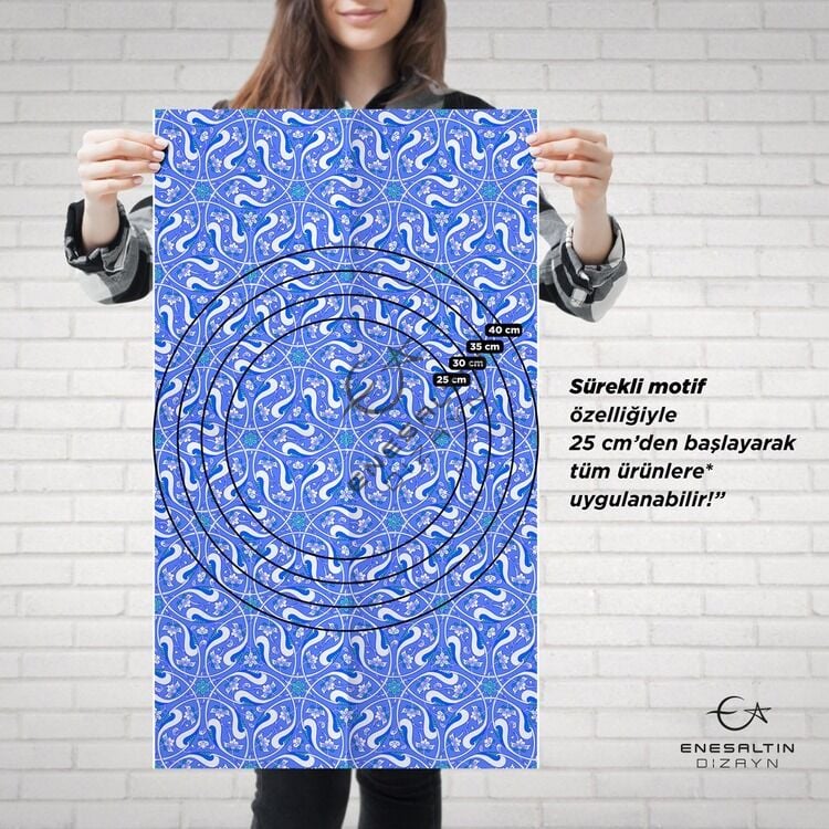 Şablon Desen 40x69 cm. BÜYÜK BOY -  Sürekli Motifli Rumi Lotus Çini Karo / Tabak Deseni