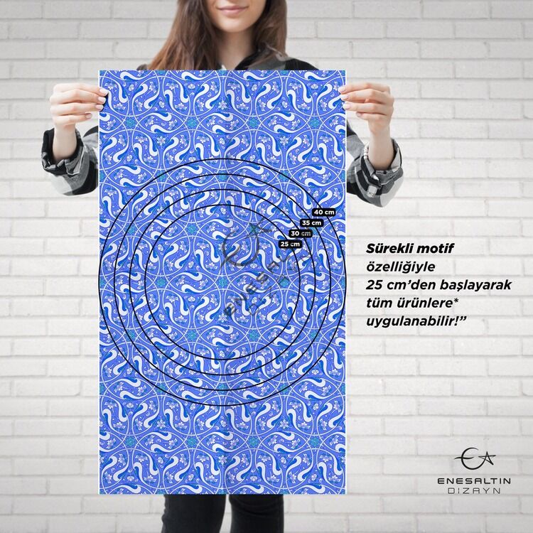 Şablon Desen 40x69 cm. BÜYÜK BOY -  Sürekli Motifli Rumi Lotus Çini Karo / Tabak Deseni