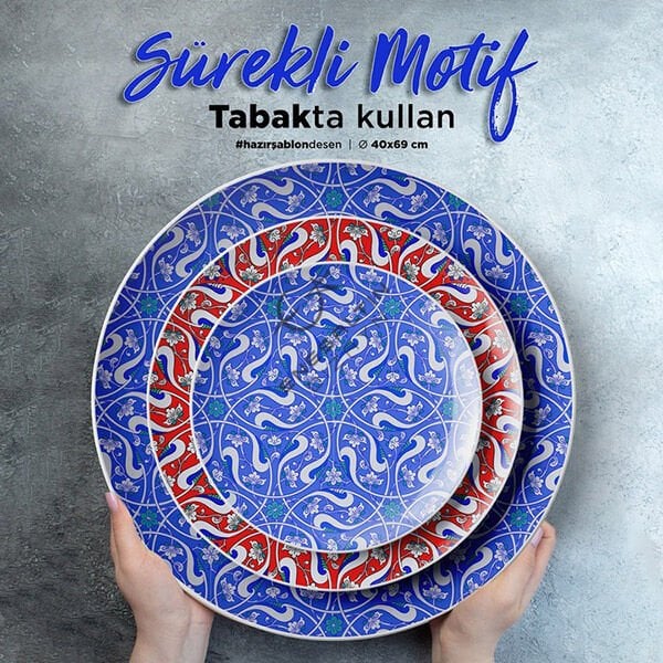 Şablon Desen 40x69 cm. BÜYÜK BOY -  Sürekli Motifli Rumi Lotus Çini Karo / Tabak Deseni