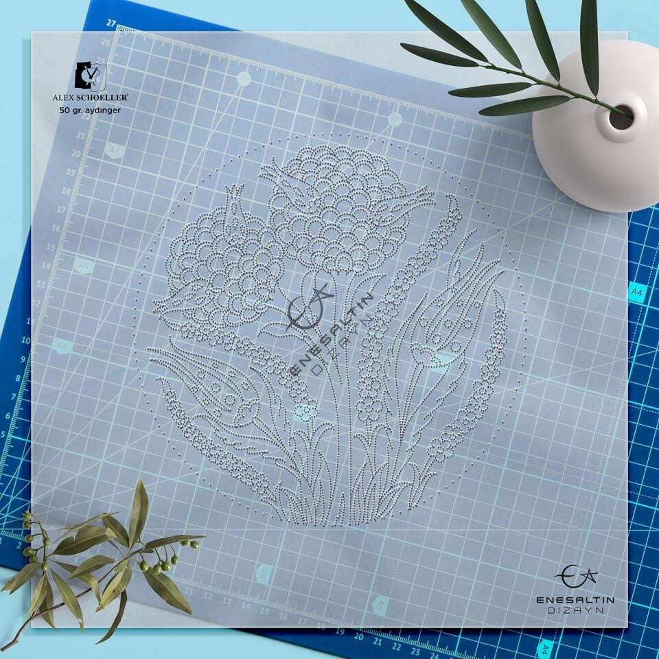 Şablon Desen - Kamelya, Lale, Penç Motifli Çini Tabak Deseni