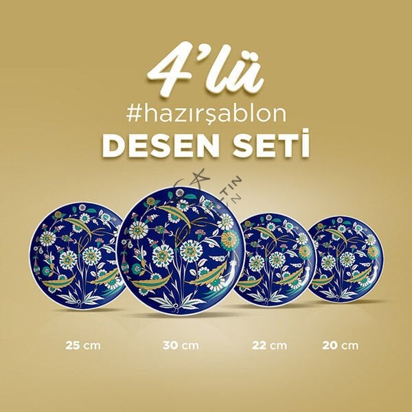 Hazır Şablon 4'lü Desen Seti - Hançer Yaprak Bitkisel Motifli İznik Çini Deseni