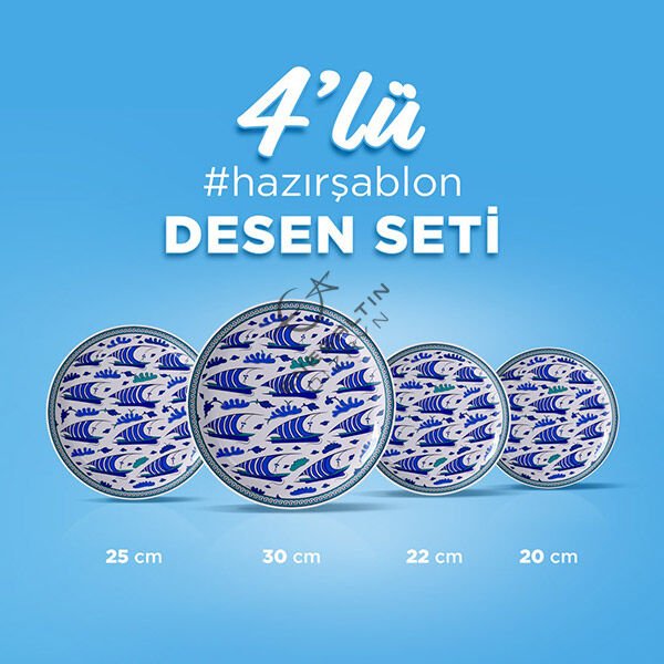 Hazır Şablon 4'lü Desen Seti - Kalyon Motifli İznik Çini Deseni