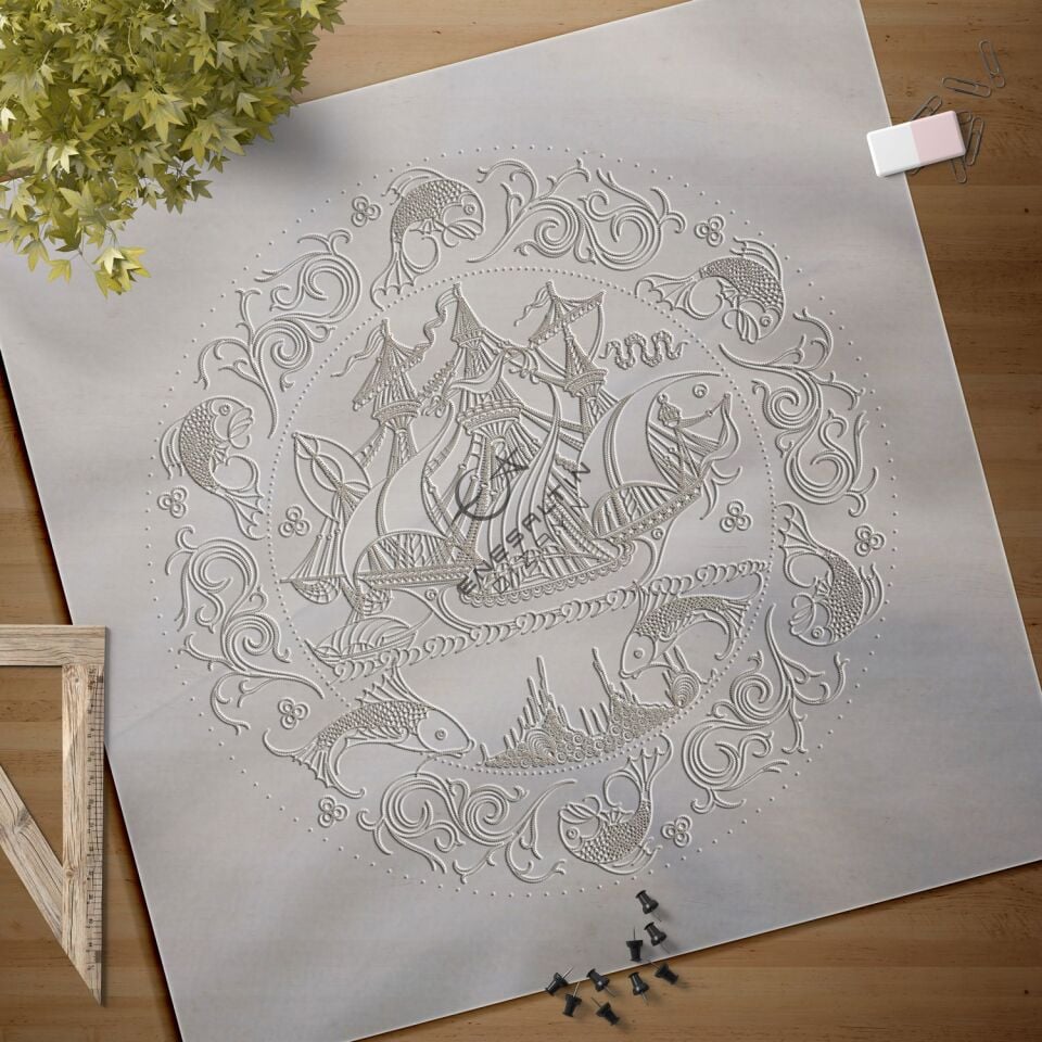 Şablon Desen 30 cm. -  Klasik Kalyon ve Balık Çini Tabak Deseni