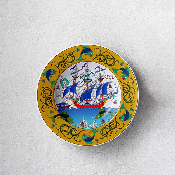 Şablon Desen 30 cm. -  Klasik Kalyon ve Balık Çini Tabak Deseni