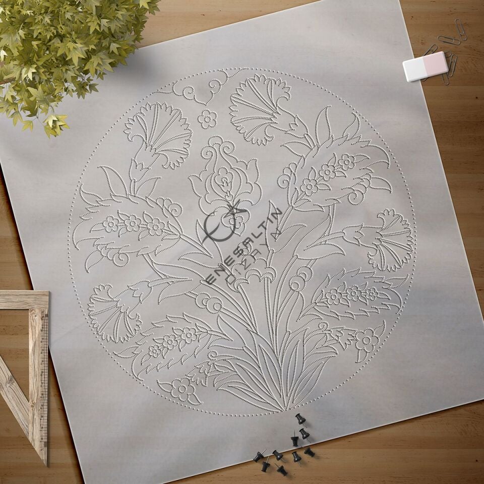 Stencil Design - Classic Symmetrical Set of 4 Carnation Ceramic Plates