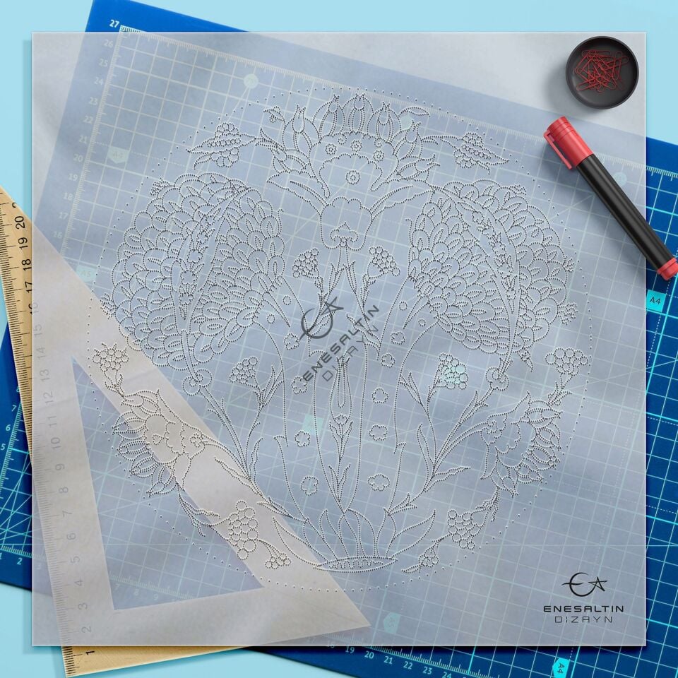 Şablon Desen 30 cm. -  1545 Şam İşi Şah Kulu İznik Enginar Çini Tabak Deseni