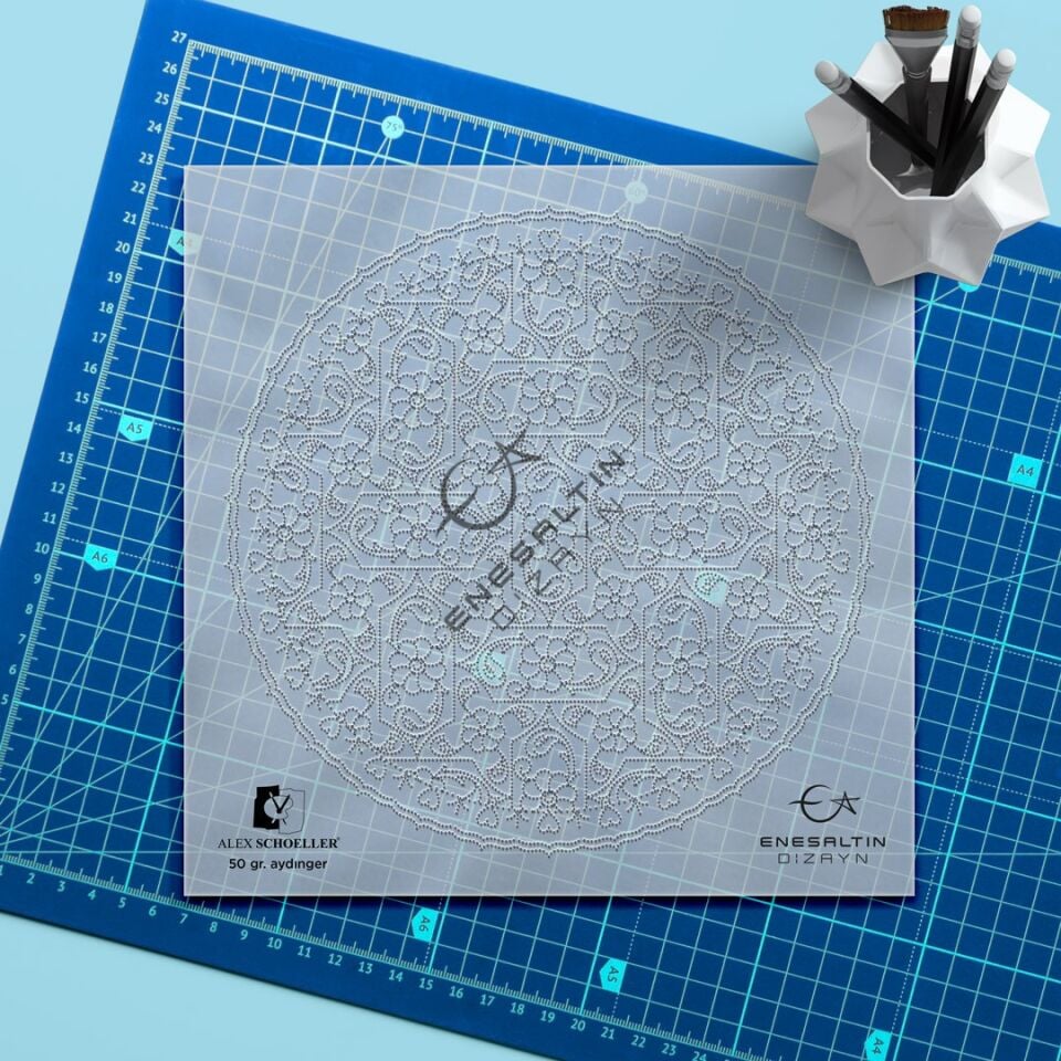 Hazır Şablon 3'lü Desen Seti - Damalı Lotus Rumi Çini Tabak Deseni