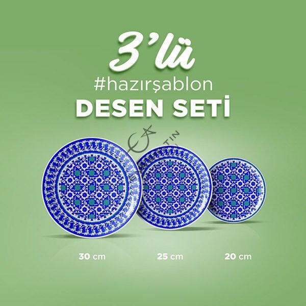 Hazır Şablon 3'lü Desen Seti - Damalı Lotus Rumi Çini Tabak Deseni