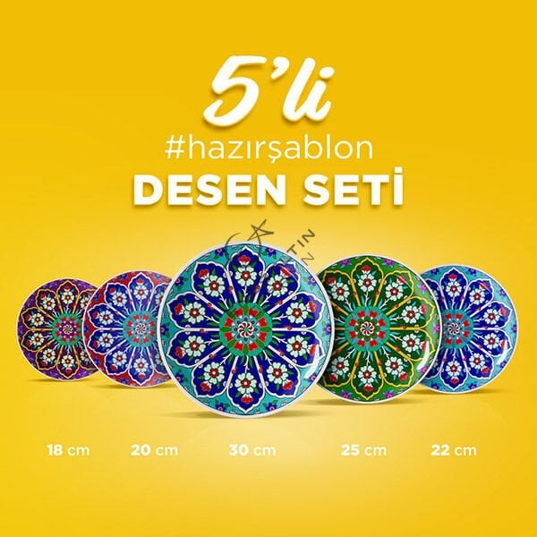 Hazır Şablon 5'li Desen Seti - Penç Çarkıfelek Çini Tabak Deseni