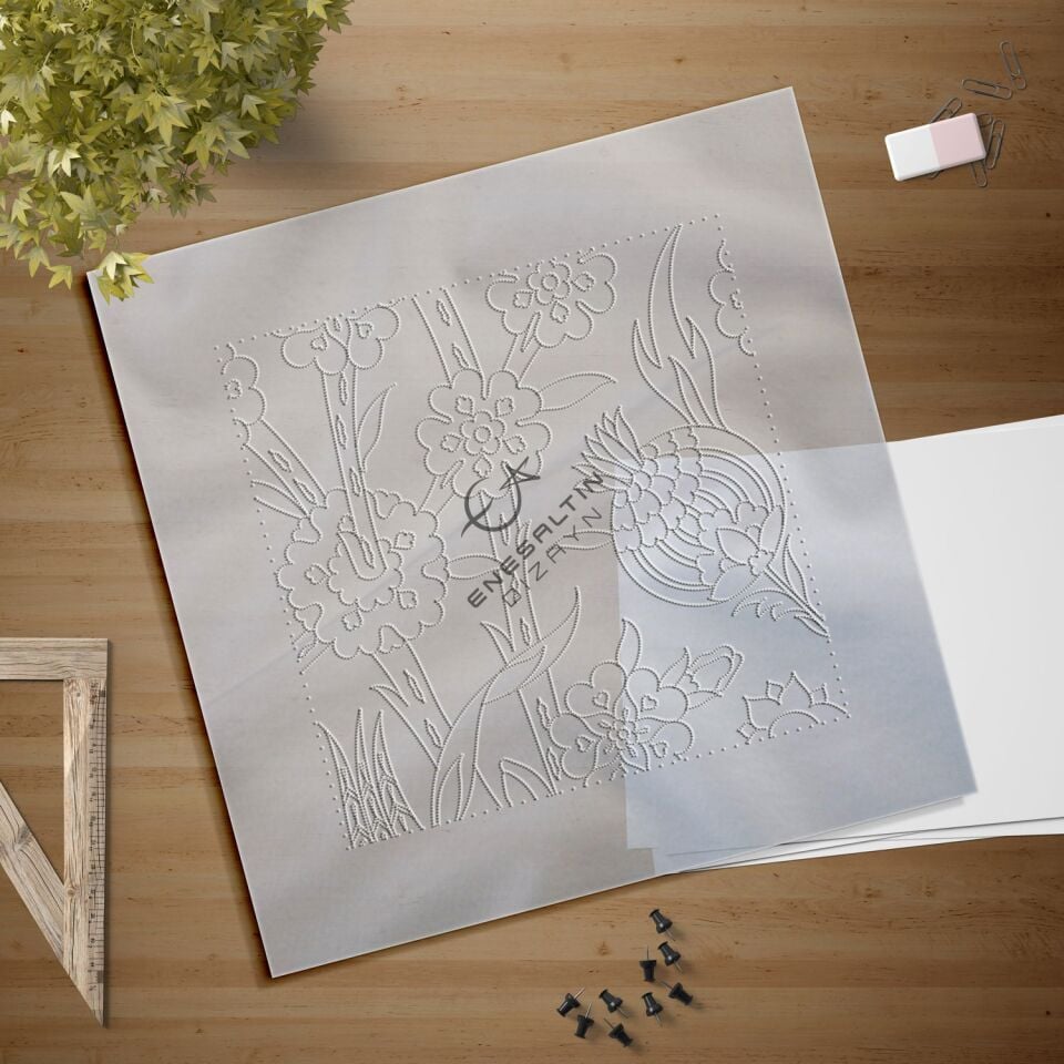 Şablon Desen 20 x 20 cm. - Kesit Motif Nar ve Penç Çini Karo Deseni