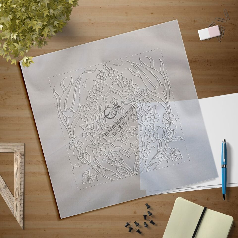 Şablon Desen 20 x 20 cm. - Rumi Madalyon Simetrik Motif Çini Karo Deseni