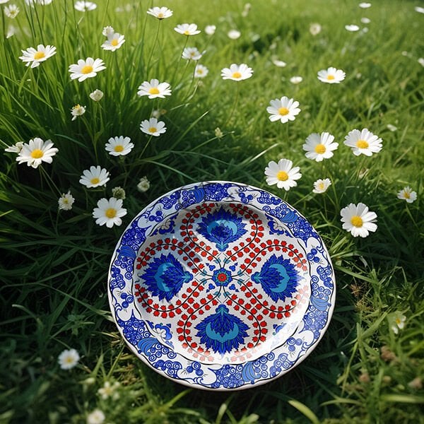 Şablon Desen 30 cm. -  Klasik İznik 1622 Diken Sümbül 4 'lü Simetrik Çini Tabak Deseni