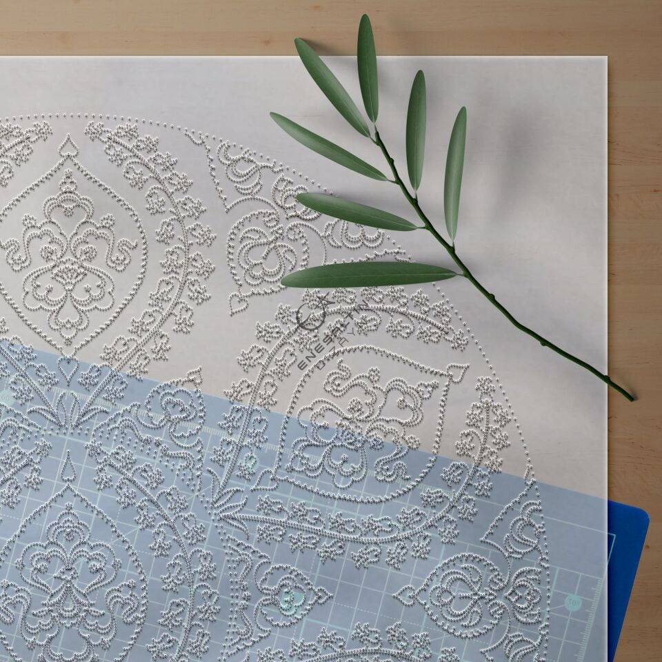 Şablon Desen 40 cm - Klasik İznik 1550 Sümbüller ve Bulut Motifli Madalyon Çini Deseni