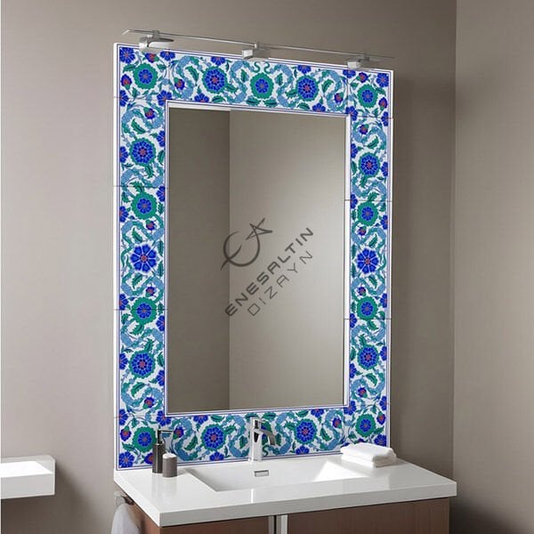 Şablon Desen 10x80 + 10x40 cm. -  Bulut ve Penç Motifli Ayna Çerçevesi Çini Karo Deseni