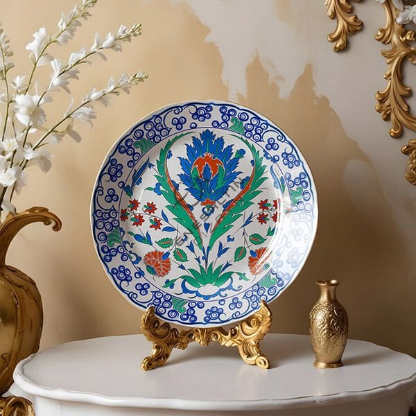 Şablon Desen 30 cm. -  Klasik İznik 1575 Gül, Sümbül ve Saz Yaprak Çini Tabak Deseni