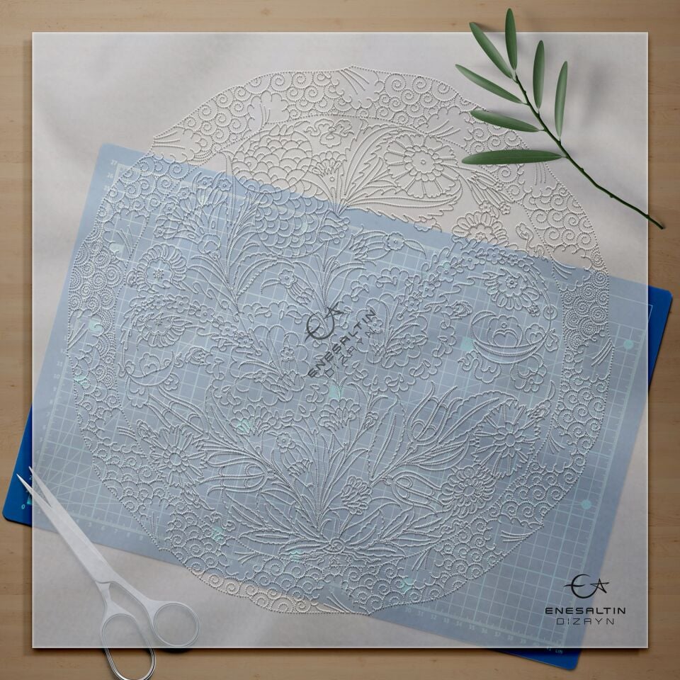 Şablon Desen 40 cm. -  16. yy. Şam İşi İznik Nar, Hatayi ve Bulut Çini Tabak Deseni