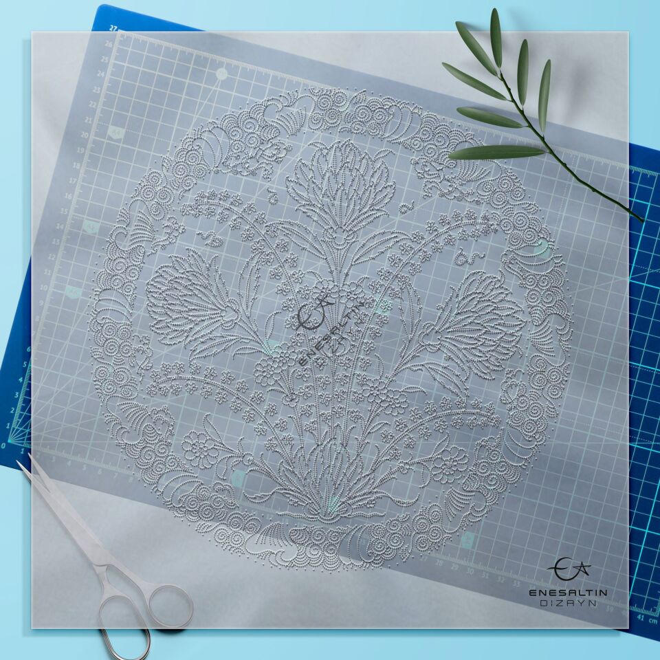 Şablon Desen 30 cm. -  Klasik İznik Sümbül ve Hançer Yaprak Motifli Çini Tabak Deseni