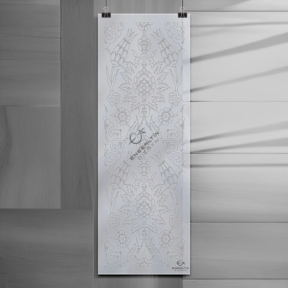 Şablon Desen 20 x 60 cm. - Rüstem Paşa Simetrik Hatayi Lale Çini Karo 3'lü Pano Deseni