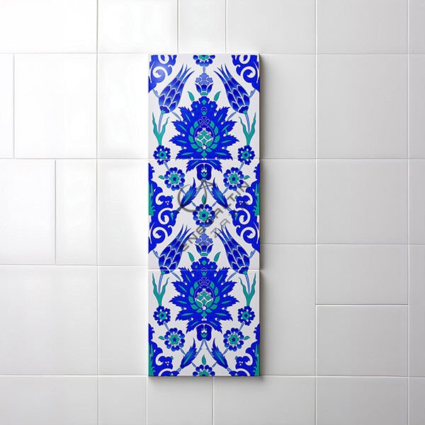 Şablon Desen 20 x 60 cm. - Rüstem Paşa Simetrik Hatayi Lale Çini Karo 3'lü Pano Deseni