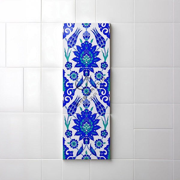 Şablon Desen 20 x 60 cm. - Rüstem Paşa Simetrik Hatayi Lale Çini Karo 3'lü Pano Deseni